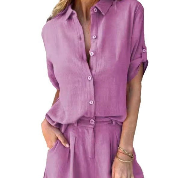 Short-sleeved Suits Fashion Lapel Button Shirt Top And Pocket Shorts Women's Clothing